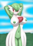  2022 anthro big_breasts blue_sky breasts clothed clothing female gardevoir generation_3_pokemon green_body green_hair green_nipples hair hi_res humanoid looking_at_viewer magalnik nintendo nipples pokemon pokemon_(species) red_eyes sky solo tagme video_games white_body 