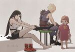  1boy 2girls armor bare_arms bare_shoulders barefoot bike_shorts_under_skirt black_hair black_skirt black_thighhighs blonde_hair boots breasts brown_eyes brown_hair cloud_strife crop_top dress dressing feet female_child final_fantasy final_fantasy_vii final_fantasy_vii_remake full_body gloves holding large_breasts long_hair looking_at_another marlene_wallace midriff_peek multiple_girls navel open_mouth pink_dress red_eyes shillo short_hair shoulder_armor single_bare_shoulder sitting skirt sleeveless sleeveless_turtleneck socks spiked_hair sweater tank_top thighhighs tifa_lockhart turtleneck turtleneck_sweater undershirt white_tank_top 