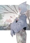  1girl animal_ears bare_tree branch commentary_request day floral_print fringe_trim from_side grey_hair hand_up highres japanese_clothes kimono looking_away obi original print_kimono purple_eyes sash shawl snowing solo tokuno_yuika tree white_kimono 