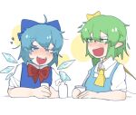  2girls ahoge ascot bangs blue_eyes blue_hair blue_ribbon blush bow cirno collared_shirt commentary_request daiyousei drooling drunk fang green_eyes green_hair hair_bow hair_ribbon ice ice_wings mouth_drool multiple_girls neck_ribbon open_mouth pointy_ears red_ribbon ribbon shengxian_miaomiao_cui shirt short_hair short_sleeves skin_fang smile touhou white_shirt wings yellow_ascot yellow_bow 