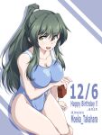  1girl 547th_sy blue_one-piece_swimsuit breasts cleavage competition_swimsuit covered_navel dated green_hair happy_birthday highleg highleg_swimsuit highres large_breasts muvluv one-piece_swimsuit open_mouth ponytail sitting solo swimsuit takahara_moeka wariza yellow_eyes 