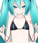  1girl arm_tattoo bangs bare_arms bikini black_bikini blue_eyes blue_hair blush breasts cleavage collarbone hair_between_eyes hair_ornament hatsune_miku highres kkethics long_hair looking_at_viewer number_tattoo open_mouth small_breasts solo swimsuit tattoo twintails untied untied_bikini upper_body very_long_hair vocaloid 