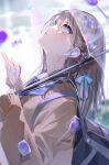  1girl bangs blue_bag blue_ribbon blue_sailor_collar blurry blurry_background brown_hair brown_vest candy carrying_bag cloud cloudy_sky earbuds earphones food green_eyes grey_sky hair_ribbon highres holding holding_candy holding_food holding_umbrella light_blush long_hair long_sleeves looking_up miwano_rag open_mouth original outdoors parted_lips ribbon sailor_collar school_uniform sidelocks signature sky solo standing sunlight surprised transparent transparent_umbrella umbrella upper_body vest 