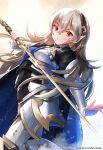  1girl absurdres armor black_hairband corrin_(fire_emblem) corrin_(fire_emblem)_(female) fire_emblem fire_emblem_fates gradient gradient_background grey_hair hairband highres holding holding_sword holding_weapon long_hair long_sleeves pointy_ears red_eyes ryo-suzuki simple_background solo sword twitter_username weapon white_background yato_(fire_emblem) 