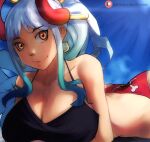  1girl blue_background blue_hair breasts cleavage funi_xd green_hair horns large_breasts light_smile long_hair one_piece panties red_horns simple_background smile underwear white_hair yamato_(one_piece) yellow_eyes 
