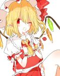  1girl ascot blonde_hair collared_shirt fang flandre_scarlet frilled_ascot frilled_shirt_collar frilled_skirt frilled_sleeves frills hair_between_eyes hat hat_ribbon heart looking_at_viewer medium_hair miniskirt mob_cap multicolored_wings nishiki1225 one_eye_closed open_mouth pointy_ears puffy_short_sleeves puffy_sleeves red_eyes red_ribbon red_skirt red_vest ribbon shirt short_sleeves simple_background skin_fang skirt skirt_set solo spoken_heart thighs touhou vest white_background white_headwear white_shirt wings wrist_cuffs yellow_ascot 