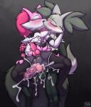  007delta 3_toes 4_fingers 5_fingers animal_genitalia animal_penis anthro anthro_on_anthro armband balls blush bodily_fluids bow_(feature) braided_hair braixen canine_penis choker clothing cum cum_on_balls cum_on_clothing cum_on_leg delphox duo ear_piercing ejaculation eyebrows eyes_closed feet fingers fluffy fluffy_tail fur fyre_the_delphox generation_6_pokemon genital_fluids genitals girly green_body green_fur grey_body grey_fur hair hi_res inner_ear_fluff jewelry kissing knot legwear maid_uniform male male/male male_penetrated male_penetrating male_penetrating_male necklace nintendo nude penetration penis piercing pink_body pink_fur pink_nose pokemon pokemon_(species) rex_the_braixen_maid sex simple_background thigh_highs toes tuft uniform video_games white_body white_fur 