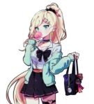  1girl bag bangs black_bag black_bow black_choker black_scrunchie black_skirt blonde_hair bow breasts bubble_blowing check_copyright choker cleavage collarbone copyright_request cosplay_request cowboy_shot danganronpa_(series) danganronpa_2:_goodbye_despair dudeoji_(dotheg_ansoni) earrings green_eyes green_jacket hair_ornament hair_scrunchie hairclip hand_up heart_o-ring holding holding_bag hoop_earrings jacket jewelry large_breasts long_hair long_sleeves looking_at_viewer miniskirt nail_polish off_shoulder open_clothes open_jacket pleated_skirt scrunchie shiny shiny_hair shirt skirt solo sonia_nevermind very_long_hair white_background white_shirt 