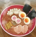  aizen_(syoshiyuki) bowl dumpling egg_(food) food food_focus highres jiaozi kamaboko narutomaki no_humans noodles nori_(seaweed) original ramen steam still_life 