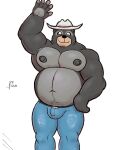  alanottaviano anthro barazoku belly black_bear black_body black_fur bulge clothing cowboy_hat fur hat headgear headwear hi_res male mammal musclegut muscular muscular_male overweight overweight_male solo ursid ursine 