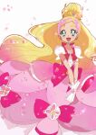  1girl aqua_eyes blonde_hair bow commentary cure_flora cure_flora_(mode_elegant) dress dress_bow dress_flower earrings flower_brooch gloves go!_princess_precure hair_bun haru_(nature_life) haruno_haruka jewelry open_mouth petals pink_bow pink_dress pink_hair precure puffy_short_sleeves puffy_sleeves short_sleeves smile solo waist_bow waist_brooch white_gloves wide_ponytail 