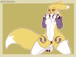  absurd_res anthro armwear bandai_namco black_nose black_sclera blue_eyes breasts canid canine clothed clothing digimon digimon_(species) female fur genitals hi_res kneeling legwear mammal nipples pussy renamon smile solo the_man tuft video_games white_body white_fur yellow_body yellow_fur 