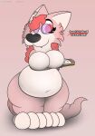  anthro belly big_belly big_breasts breasts canid canine fangs female fox foxball fur hair hi_res holding_object kitty_pride long_hair looking_at_viewer lucia_nifty mammal multicolored_body navel nude presenting red_body red_hair simple_background smile solo speech_bubble standing teeth text thick_thighs video_games white_body 