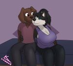  anthro bed big_breasts bird_dog breasts canid canine canis cleavage clothed clothing domestic_dog duo embrace female furniture hi_res hug huge_breasts hunting_dog husky labrador lonnyk male male/female mammal nordic_sled_dog on_bed retriever shirt sitting sitting_on_bed spitz tank_top topwear 