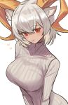  1girl alternate_costume animal_ears arknights breasts carnelian_(arknights) goat_ears goat_girl goat_horns grey_hair highres horns large_breasts long_sleeves looking_at_viewer notice_lines red_eyes ribbed_sweater shino_duka short_hair simple_background smile solo sweater upper_body white_background 