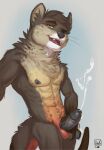  abs anthro athletic athletic_anthro athletic_male balls black_penis bodily_fluids brown_body brown_fur brown_hair cum cumshot ejaculation erection fangs fur genital_fluids genitals gulonine hair hi_res humanoid_genitalia humanoid_penis hybrid lion21 lutrine male mammal marten mustelid musteline nipples obliques one_eye_closed open_mouth orgasm pecs penis standing vein veiny_penis whiskers 