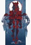  absurdres animal_ears artist_name colored_skin cthulhu_mythos extra_arms facing_viewer fangs full_body gloves grey_skin highres hood horror_(theme) open_mouth orihira red_eyes solo standing tentacles watermark 