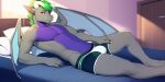  ai_generated anthro bed bedroom bulge claws clothing dragon fingers fur furniture furred_dragon green_hair grey_body grey_fur hair horn kejqi looking_at_viewer lying lying_on_bed male muscular muscular_male on_bed smile smiling_at_viewer solo underwear wings 