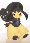  2022 2_toes absurd_res bangs black_body black_skin bottomless bottomwear clothed clothing clothing_pull cutoffs denim denim_clothing feet female freckles generation_3_pokemon gloves_(marking) hair_mouth hi_res humanoid leaning leaning_on_wall looking_at_viewer markings mawaifu mawile nintendo parted_bangs partially_clothed pokemon pokemon_(species) pseudo_hair red_eyes sharp_teeth shirt shorts solo teeth toes topwear video_games yellow_body yellow_skin 