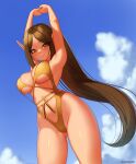  1girl armpits arms_up artist_name ass_visible_through_thighs bangs bare_arms bare_shoulders blue_sky blush breasts brown_eyes brown_hair closed_mouth cloud commission cowboy_shot dark-skinned_female dark_skin elf freckles from_below gold_one-piece_swimsuit kuroonehalf large_breasts long_hair looking_at_viewer looking_down navel one-piece_swimsuit original parted_bangs pointy_ears sky smile solo standing stretching swimsuit thighs very_long_hair 