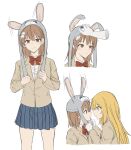  2girls animal_ears animal_hat bangs blazer blonde_hair blue_skirt bow bowtie brown_eyes brown_hair brown_jacket bunny_hat closed_mouth collared_shirt commentary elbow_gloves eye_contact fake_animal_ears flower gloves grey_headwear hair_flower hair_ornament hand_on_another&#039;s_head hat headwear_pull highres jacket long_hair long_sleeves looking_at_another misaka_mikoto multiple_girls multiple_views pleated_skirt rabbit_ears red_bow school_uniform shirt shokuhou_misaki short_hair skirt smile sparkling_eyes symbol-only_commentary toaru_kagaku_no_railgun toaru_majutsu_no_index tokiwadai_school_uniform white_background white_gloves white_shirt yakult1124 yellow_eyes 