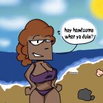  anthro ayyyple beach big_butt bikini brown_body butt clothing e621 female flirting flirting_with_viewer hi_res humor mammal marta(ayyyple) rock sand sea seaside shell smile solo summer swimwear thick_thighs ursid water 