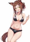  alternate_costume animal_ears blush breasts brown_hair cleavage clover_hair_ornament collarbone fine_motion_(umamusume) folded_ponytail green_eyes hair_between_eyes hair_ornament herohero_(higashi_no_dou) highres horse_ears horse_girl horse_tail medium_breasts simple_background swimsuit tail umamusume white_background 
