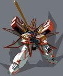  glowing glowing_eyes green_eyes grey_background head_tilt highres holding holding_sword holding_weapon korean_commentary madou_king_granzort mecha no_humans robot roko_(project_1104) shadow solo super_granzort sword weapon 