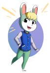  animal_crossing anthro bottomless clothed clothing hand_on_hip hi_res howsplendid jacket lagomorph leporid letterman_jacket male mammal nintendo open_mouth open_smile rabbit sasha_(animal_crossing) smile solo topwear video_games 