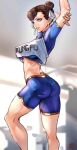  1girl absurdres arms_behind_head arms_up artist_name ass bangs blurry blurry_background breasts brown_eyes brown_hair chun-li commentary double_bun fingernails gold_trim hair_bun highres indoors kyuuakaku lips looking_away makeup medium_breasts midriff parted_lips shorts signature simple_background smile street_fighter street_fighter_ii_(series) tank_top turtleneck 