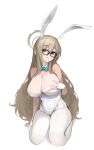  1girl absurdres akane_(blue_archive) akane_(bunny)_(blue_archive) animal_ears areola_slip blue_archive breasts brown_eyes cleavage fake_animal_ears glasses gloves halo hand_on_own_chest highres komi_(komiking) large_breasts leotard light_brown_hair long_hair pantyhose parted_lips rabbit_ears seiza simple_background sitting smile solo thighs very_long_hair white_background white_gloves white_leotard white_pantyhose 