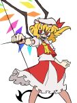  1girl :d ascot blonde_hair clenched_hand crystal eddybird55555 english_commentary flandre_scarlet hat hat_ribbon highres laevatein_(tail) looking_at_viewer mob_cap one_side_up open_mouth parody rainbow_order red_eyes red_ribbon red_skirt red_vest ribbon ringed_eyes shaded_face sharp_teeth shirt short_sleeves simple_background skirt smile solo standing style_parody tail teeth touhou vanripper_(style) vest white_background white_headwear white_shirt wings yellow_ascot 