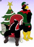  absurd_res anthro avian belly big_belly bird bulge caim_(kings_of_hell) christmas christmas_clothing christmas_headwear christmas_tree clothing corvid corvus_(genus) crow demon duo hat headgear headwear hi_res holidays kings_of_hell male malphas_(kings_of_hell) oscine overweight overweight_male passerine pecs pizzaozzy_(artist) plant santa_hat solo thrush_(bird) tree 