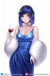  1girl aqua_eyes bangs bare_shoulders blue_dress blue_hair blue_nails blunt_bangs bob_cut braid breasts cleavage collarbone commentary_request cowboy_shot cup dress drinking_glass eyeshadow feather_boa genshin_impact helloimtea highres holding holding_cup jewelry looking_at_viewer makeup medium_breasts nail_polish necklace parted_lips partial_commentary pink_lips short_hair simple_background sleeveless sleeveless_dress solo standing white_background wine_glass yelan_(genshin_impact) 