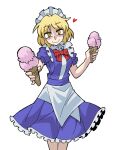  1girl blonde_hair blue_dress closed_mouth commission dress eddybird55555 english_commentary food heart highres holding holding_food ice_cream looking_at_viewer maid maid_headdress mugetsu_(touhou) parody ringed_eyes short_hair simple_background smile solo standing style_parody touhou touhou_(pc-98) vanripper_(style) white_background yellow_eyes 