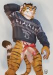  accessory anthro balls blue_eyes bottomless bow_ribbon christmas christmas_clothing christmas_sweater christmas_topwear clothed clothing erection felid fur genitals grin hand_behind_head hi_res holidays humanoid_genitalia humanoid_penis karnal_(karnaltiger) lion21 male mammal orange_body orange_fur pantherine penis penis_accessory penis_bow penis_ribbon pinup pose presenting presenting_penis ribbons simple_background smile solo striped_body striped_fur stripes sweater sweater_only tiger topwear topwear_only 