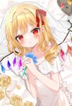  1girl :o alternate_costume bare_shoulders blonde_hair blue_flower blush bridal_veil collarbone crystal dress flandre_scarlet flower golden_rose hair_between_eyes hair_ribbon holding holding_flower looking_at_viewer medium_hair multicolored_wings no_headwear okome2028 on_bed red_eyes red_ribbon ribbon shiny shiny_hair side_ponytail skull solo thorns touhou veil white_dress wings 