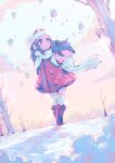  1girl blue_hair boots dawn_(pokemon) full_body hat highres kneehighs outdoors parororo pokemon pokemon_(creature) scarf sky snow socks solo standing tree white_scarf 