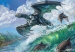  2022 amazing_background ambiguous_gender cetacean delphinoid detailed_background dragon feral flying grey_body grey_scales group hi_res horn mammal marine membrane_(anatomy) membranous_wings outside quadruped red-izak scales scalie toothed_whale wave western_dragon wings 