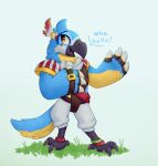  anklet anthro avian beak breath_of_the_wild dialogue english_text hand_on_chest hi_res jewelry kass_(tloz) male nintendo rito solo swerve-art text the_legend_of_zelda video_games 