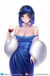  1girl aqua_eyes areola_slip bangs bare_shoulders blue_dress blue_hair blue_nails blunt_bangs bob_cut braid breasts cleavage collarbone commentary_request cowboy_shot cup dress drinking_glass eyeshadow feather_boa genshin_impact helloimtea highres holding holding_cup jewelry looking_at_viewer makeup medium_breasts nail_polish necklace parted_lips partial_commentary pink_lips short_hair simple_background sleeveless sleeveless_dress solo standing strap_slip white_background wine_glass yelan_(genshin_impact) 