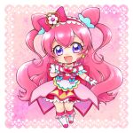  1girl aizen_(syoshiyuki) apron back_bow bangs bow brooch chibi commentary cone_hair_bun cure_precious delicious_party_precure dress earrings full_body gloves hair_bun heart_brooch huge_bow jewelry long_hair magical_girl open_mouth pink_bow pink_hair precure purple_eyes smile two_side_up white_gloves 