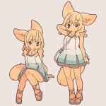  anthro black_eyes blonde_hair canid canine clothed clothing dress female fennec footwear fox fur grey_background hair hand_behind_head high_heeled_sandals high_heels hindpaw kemono mammal paws purse sandals simple_background sitting solo standing yagi_the_goat yellow_body yellow_fur young 