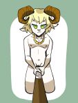  anthro baseball_bat bat_(object) blonde_hair bovid bovid_horn caprine caprine_horn chain digital_media_(artwork) fur genitals goat goat_ears gold_(metal) gold_chain green_eyes hair holding_object horn jammedvhs jewelry looking_at_viewer malcolm_(nyta) male mammal narrowed_eyes navel necklace nipples nude obscured_penis penis ram_horn simple_background skinny solo standing white_body white_fur 