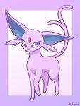  2022 3_toes ambiguous_gender artist_name black_nose blue_inner_ear colored digital_media_(artwork) eeveelution espeon eyelashes facial_tuft feet felid feline feral forehead_gem forked_tail front_view fur generation_2_pokemon hair hexuru hi_res kemono mammal monotone_body monotone_fur monotone_hair monotone_tail nintendo paws pink_body pink_ears pink_fur pink_tail pokemon pokemon_(species) portrait purple_background purple_sclera quadruped raised_leg shaded signature simple_background solo solo_focus standing text three-quarter_portrait three-quarter_view toes tuft unusual_anatomy unusual_tail video_games white_background white_eyes 