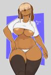  anthro big_breasts braided_pigtails breasts brown_body brown_fur canid canine canis clothed clothing domestic_dog female floppy_ears front_view fur hair hair_over_eyes hand_on_hip hi_res legwear mammal nina_(krapinka) nipple_slip racoe raised_clothing raised_shirt raised_topwear shirt shirt_up smile solo thick_thighs thigh_highs topwear under_boob wide_hips 