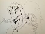  absurd_res anthro bodily_fluids clothed clothing dinosaur duo goodbye_volcano_high hair hi_res humanoid jojo&#039;s_bizarre_adventure looking_back male milhouse_(gvh) monochrome open_mouth reptile scalie sharp_teeth simple_background sketch snoot_game_(fan_game) stand_(jjba) sweat teeth traditional_media_(artwork) unknown_artist video_games white_background 