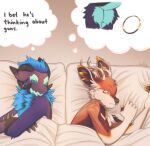  absurd_res angry angry_expression angry_eyes anthro antlers bed bed_covers bedding bedroom butt cervid daydream duo furniture hi_res horn internal_monologue jeffavious male male/male mammal marriage_proposal marriage_ring sakki unknown_artist wickerbeast 