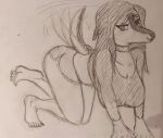  all_fours anthro barefoot bottomwear clothing dinosaur feet female goodbye_volcano_high hair hi_res hotpants long_hair long_snout looking_at_viewer monochrome multicolored_body reptile scalie shorts sketch snoot_game_(fan_game) snout solo stacy_(gvh) tail_motion tailwag traditional_media_(artwork) two_tone_body unknown_artist video_games 