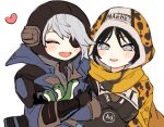  2girls ^_^ animification apex_legends bangs black_bodysuit black_hair bodysuit closed_eyes deep_current_wattson eyepatch grey_eyes grey_hair heart holding holding_stuffed_toy hood hood_up looking_ahead multiple_girls nessie_(respawn) one_eye_covered open_mouth orange_scarf parted_bangs riku_(ururi7610) ringside_wraith scarf shrug_(clothing) simple_background smile stuffed_toy wattson_(apex_legends) white_background wraith_(apex_legends) 